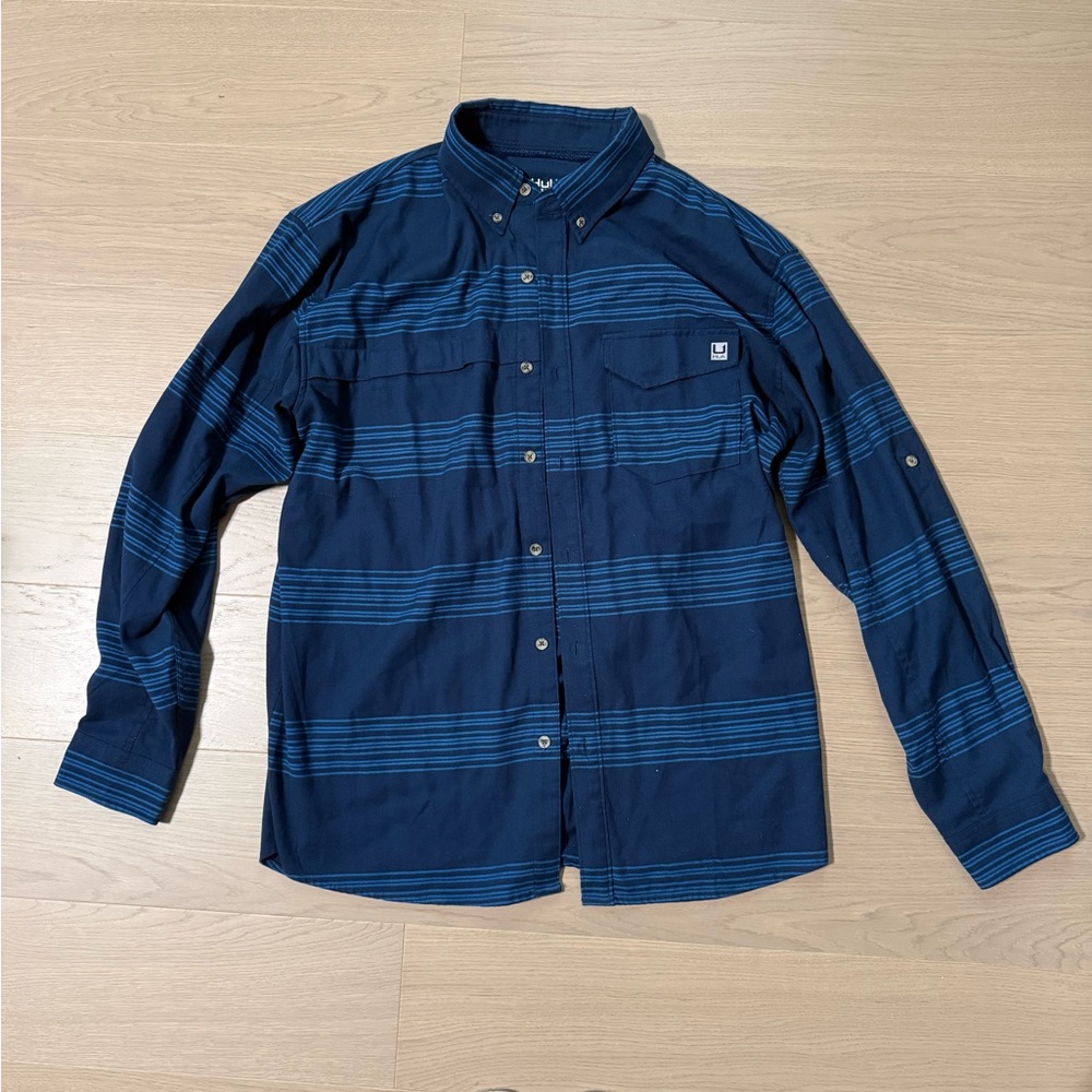 Huk Navy and Light Blue Striped Button Down Shirt